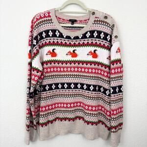Talbots Womens Fair Isle Squirrel Pullover Crew Sweater Size XL Fall Autumn Tan